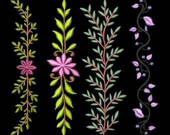 May include: Four embroidered floral and leaf designs on a black background. The designs include pink flowers, green and yellow leaves, and a variety of stem colors. The text "SIZES 3 TO 7"" is at the top, and "DST, PES, EXP, VP3, JEF, PDF" is at the bottom.