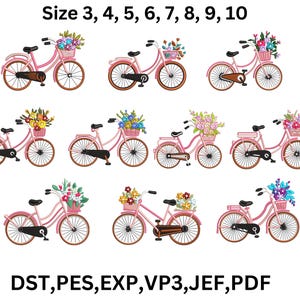Puede incluir: Se muestran bicicletas rosas con cestas de flores. Las tallas van de la 3 a la 10. El texto en la parte inferior indica que el diseño está disponible en formatos DST, PES, EXP, VP3, JEF y PDF.
