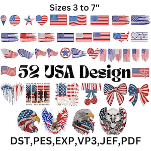 Pode incluir: Uma coleção de 52 designs dos EUA, incluindo bandeiras americanas, estrelas e gráficos patrióticos. Os designs estão disponíveis em tamanhos de 7,6 a 17,8 cm. O texto "AMERICA" e "HONOR AND REMEMBER" está incluído.