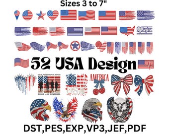 52 America Flag & Bow Embroidery Designs, USA Patriotic Files, 9 Sizes, Instant Download