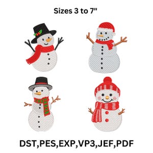Puede incluir: Cuatro diseños de muñecos de nieve bordados. Cada muñeco de nieve tiene un sombrero y una bufanda únicos. Los muñecos de nieve son blancos con ojos y bocas de botón negros. El texto "Sizes 3 to 7"" está encima de los muñecos de nieve. El texto "DST, PES, EXP, VP3, JEF, PDF" está debajo.