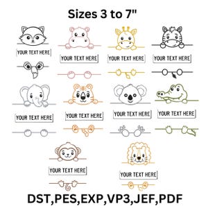 Puede incluir: Una colección de diseños de bordado con temática de animales, incluyendo un zorro, hipopótamo, jirafa, cebra, elefante, tigre, koala, cocodrilo, mono y león. Cada diseño tiene espacio para texto personalizado y mide de 7.6 a 17.8 cm.