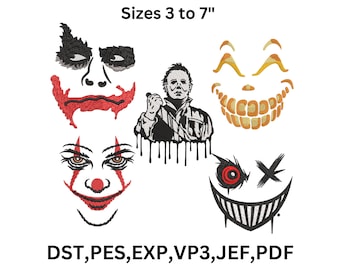 5 Horror Halloween Embroidery Designs, Machine Embroidery File, Dst Pes Jef vp3 Exp,  9 Sizes, Instant Download