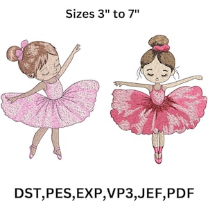 Puede incluir: Dos diseños de bailarina bordados. Una bailarina lleva un tutú rosa con un lazo a juego, y la otra un tutú rojo con un moño a juego. Los diseños están disponibles en tamaños de 7,6 a 17,8 cm. La imagen también enumera los formatos de archivo: DST, PES, EXP, VP3, JEF y PDF.