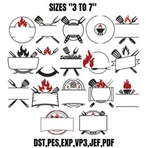 Puede incluir: Una colección de veinte diseños de bordado digital en negro y rojo con temática de barbacoa, que incluyen llamas, espátulas, tenedores y parrillas con espacios en blanco. El texto SIZES "3 TO 7" y DST,PES,EXP,VP3,JEF,PDF aparece arriba y abajo.