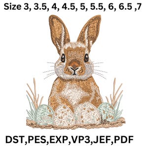 Può includere: Disegno ricamato di un coniglio marrone seduto su un letto di erba verde con cinque uova color pastello. Il design è disponibile nelle dimensioni 3, 3,5, 4, 4,5, 5, 5,5, 6, 6,5 e 7. I formati di file inclusi sono DST, PES, EXP, VP3, JEF e PDF.
