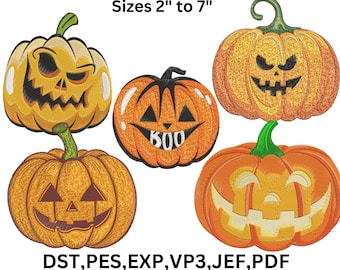 5 Kürbis-Stickmuster, Halloween-Design, Stickdatei für Stickmaschinen, DST, PES, JEF, VP3, Exp, 9 Größen, Sofort-Download