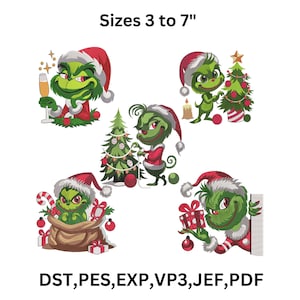 7 disegni da ricamo Grinch, file per ricamo a macchina natalizio, 9 dimensioni, download immediato