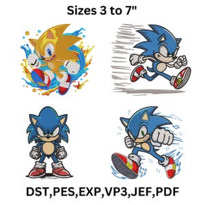 May include: Four colorful embroidered patches featuring the character Sonic the Hedgehog in various action poses. The patches are in blue and gold, with red and white accents. Text at the top reads "Sizes 3 to 7". The bottom text reads "DST, PES, EXP, VP3, JEF, PDF".
