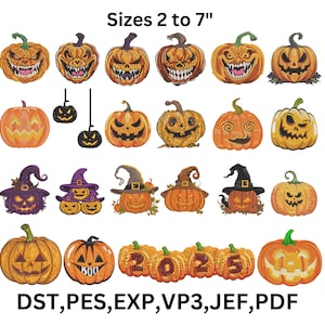 May include: A collection of embroidered Halloween pumpkin designs in various styles, including jack-o'-lantern faces and pumpkins with witch hats. The designs range in size from 2 to 7 inches. The image also includes the text "Sizes 2 to 7" and file type abbreviations.