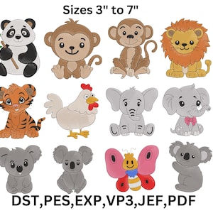 Safari Animals Embroidery Designs: Baby Zoo Animal Bundle (9 Sizes, Digital Files)