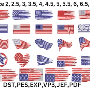 Può includere: Un set di 11 disegni di ricamo digitali che presentano disegni di bandiere americane consumate in varie dimensioni, che vanno da 2 a 7 pollici. I disegni includono una varietà di stili, come una bandiera tradizionale, una bandiera con un cuore e un elettrocardiogramma, e una bandiera con una stella. I formati di file inclusi sono DST, PES, EXP, VP3, JEF e PDF.