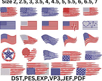24 American Flag Embroidery Designs, USA Patriotic Bundle, 11 Sizes (Digital Download)