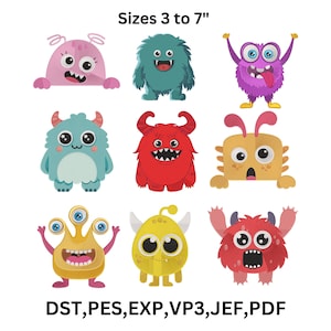 Może przedstawiać: Dziewięć kolorowych wzorów potworów z kreskówek. Potwory są w różnych kolorach, w tym różowym, morskim, czerwonym, żółtym i fioletowym. U góry znajduje się tekst "Sizes 3 to 7"". Na dole znajduje się tekst "DST, PES, EXP, VP3, JEF, PDF".