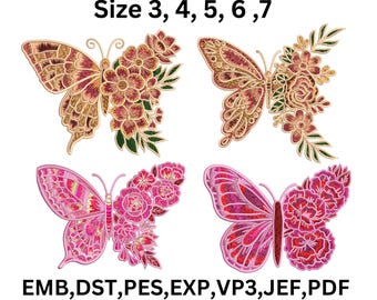 4つの花柄蝶刺繍デザイン、ミシンファイル5サイズ（デジタルダウンロード）