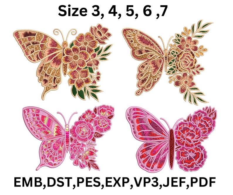 4 Floral Butterfly Embroidery Design, Machine Files 5 Sizes (digital ...