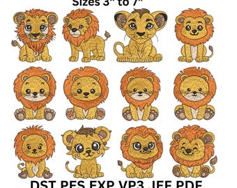 Diseños de bordado de cachorros de león, paquete de bordado de animales (PDF)