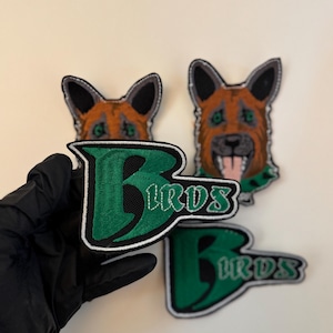 Könnte beinhalten: Gestickte Aufnäher mit einem grünen und weißen "B" und "IRDS" Design. Zwei Aufnäher zeigen das Gesicht eines Deutschen Schäferhundes. Die Aufnäher sind schwarz, grün, weiß und braun.