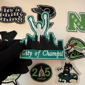 Patch personalizado inspirado em Rocky Philadelphia City of Champs (1 peça), para passar a ferro, costurar, patch Eagle Super Bowl Champions, para chapéus, jaquetas, camisas, meias