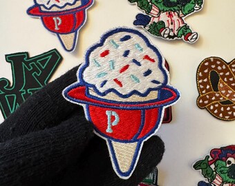 Philadelphia Phillies Ice Cream Cone with hat and sprinkles Patch (1Pc) “3. 5x2.7”, iron on, sew on patch for hats,shirts,hoodies and gifts