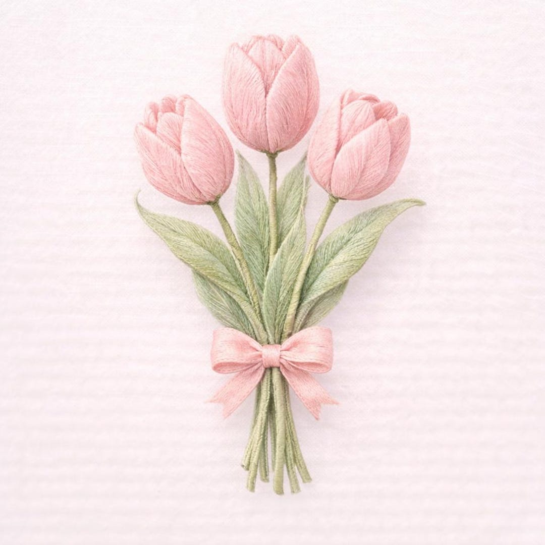 Tulip Embroidery Design, Pink Flower Bouquet With Bow, Minimal Floral ...