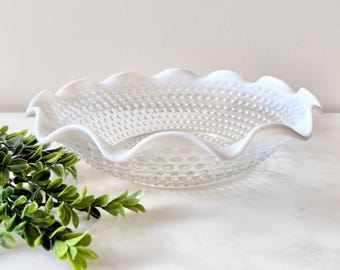 Vintage Anchor Hocking Moonstone Opalescent Hobnail Glass Serving Bowl - Ruffled Rim