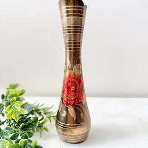 Vintage Etched Brass Vase - Floral Painted Details