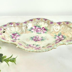 Vintage Trinket Dish - Hand painted Jewelry Bowl with Floral Design