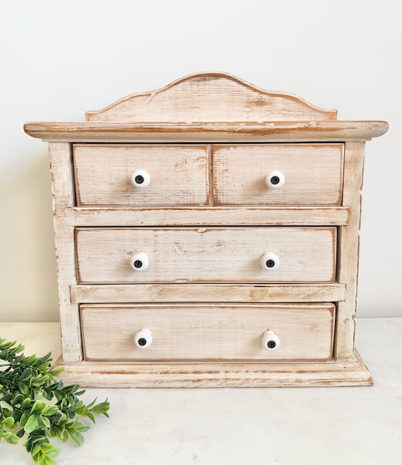 Rustic Vintage Wood Cabinet with Drawers - Hanging Jewelry Box