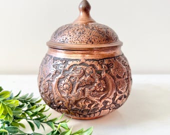 Vintage Engraved Persian Copper Bowl with Lid