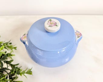 Vintage Hall Pottery Rose Parade Casserole Dish with Lid - Blue Kitchen Decor - 1940s Floral Dishes