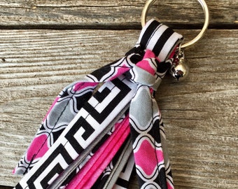 Keychain - Fabric Tassel Keychain - Key Flob - ID Wallet with Keychain - Hot Pink - Black - White - Ready to ship!