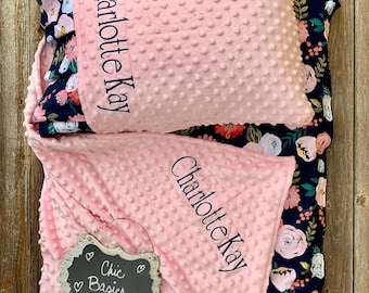 Personalized  Nap Mat cover with attached personalized Minky Blanket & personalized Ruffle Pillow Case for the Kindermat Daydreamer