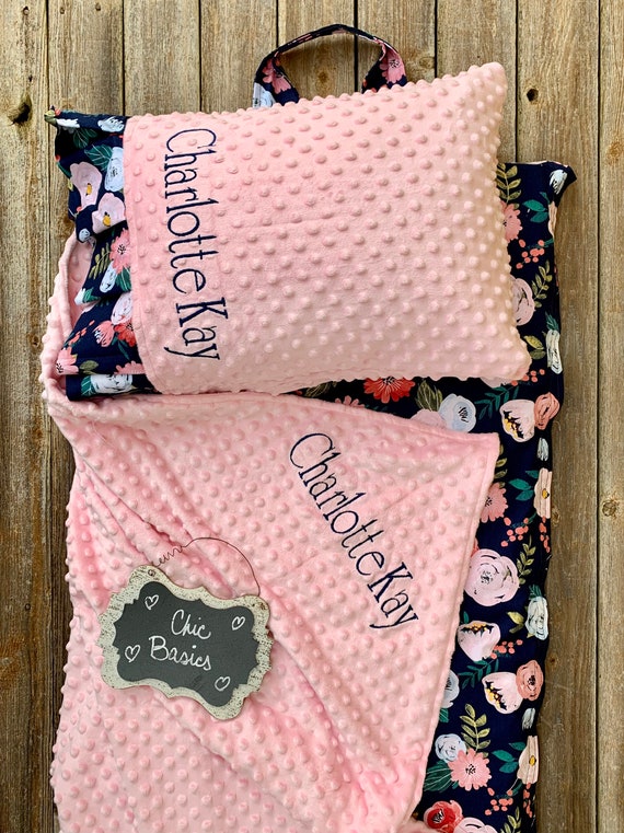 Personalized  Nap Mat cover with attached personalized Minky Blanket & personalized Ruffle Pillow Case for the Kindermat Daydreamer