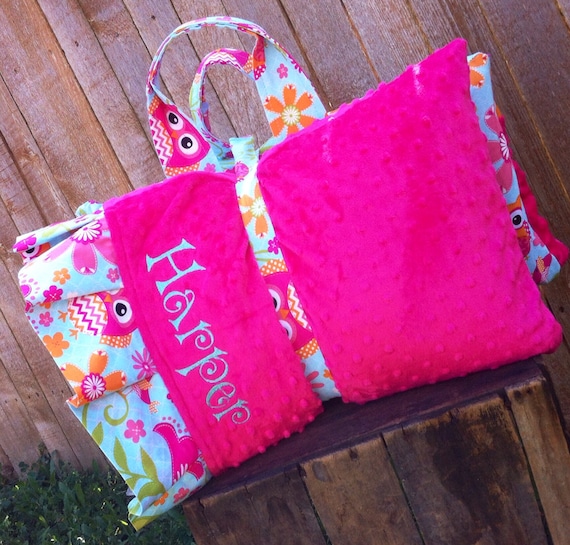 Personalized  Nap Mat cover with attached Minky Blanket & Ruffle Pillow Case for the Kindermat Daydreamer