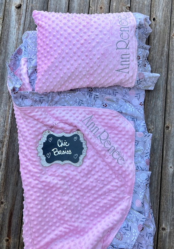 Personalized  Nap Mat cover with attached personalized Minky Blanket & personalized Ruffle Pillow Case for the Kindermat Daydreamer