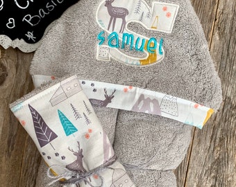 Personalized Hooded Towel with matching set of washcloths - over 200 fabric choices