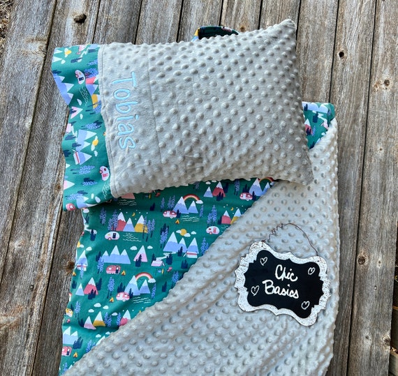 Personalized  Nap Mat cover with both attached Minky Blanket and attached Minky Pillowcase