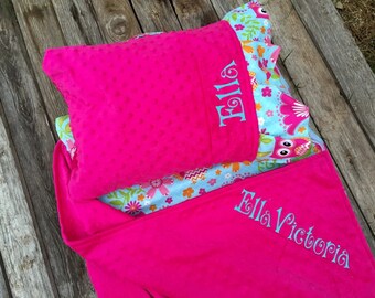 Personalized  Nap Mat cover with attached personalized Minky Blanket & personalized Ruffle Pillow Case for the Kindermat Daydreamer