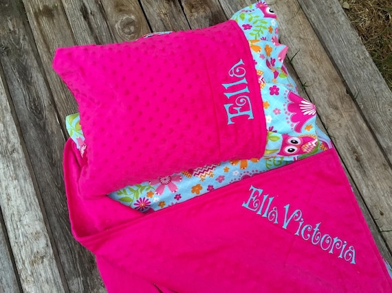 Personalized  Nap Mat cover with attached personalized Minky Blanket & personalized Ruffle Pillow Case for the Kindermat Daydreamer