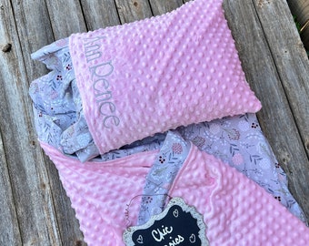 Personalized  Nap Mat Cover with attached Ruffle Minky Blanket & Ruffle Pillow Case for the Kindermat Daydreamer