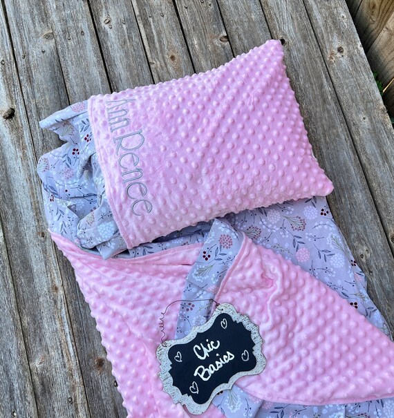 Personalized  Nap Mat Cover with attached Ruffle Minky Blanket & Ruffle Pillow Case for the Kindermat Daydreamer