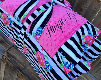 Personalized Kindermat cover with both attached ruffle Minky Blanket and attached ruffle pillowcase