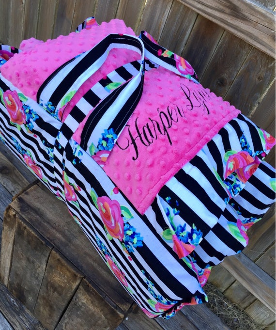 Personalized Kindermat cover with both attached ruffle Minky Blanket and attached ruffle pillowcase
