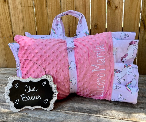 Personalized  Nap Mat cover with attached Minky Blanket & Ruffle Pillow Case for the Kindermat Daydreamer