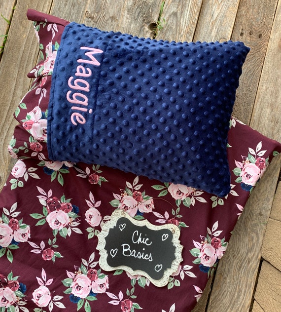 Personalized Kindermat Nap Mat cover with attached Minky Blanket & Ruffle Pillow Case