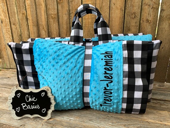 Personalized Kindermat Nap Mat cover with attached Minky Blanket & Ruffle Pillow Case