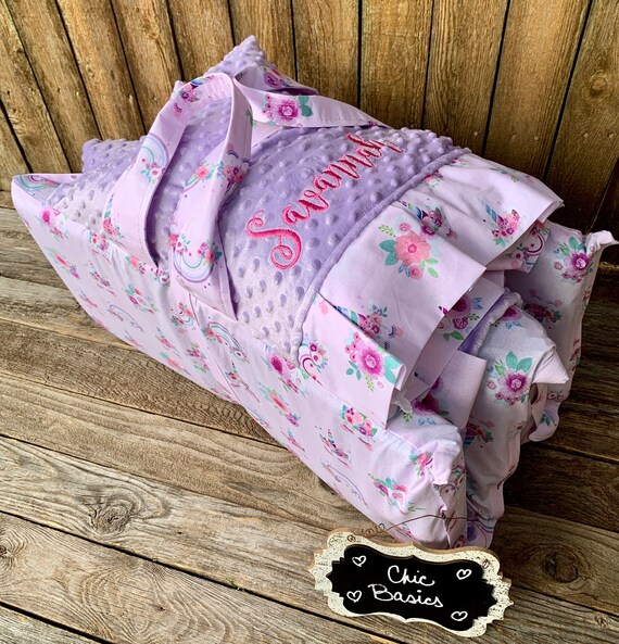 Personalized  Nap Mat cover with both attached ruffle Minky Blanket and attached ruffle pillowcase for Kindermat Daydreamer