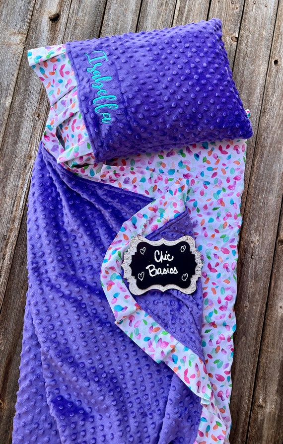 Nap Mat cover with attached Ruffle Minky Blanket & Personalized Ruffle Pillow Case