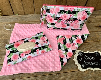 Zippered Diaper clutch with personalization and Minky changing pad